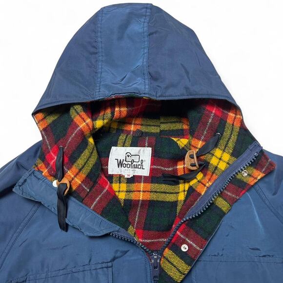 Woolrich 90s Vintage Wool Red Plaid Lined Blue Parka Zip Hooded Jacket Medium - Picture 5 of 8